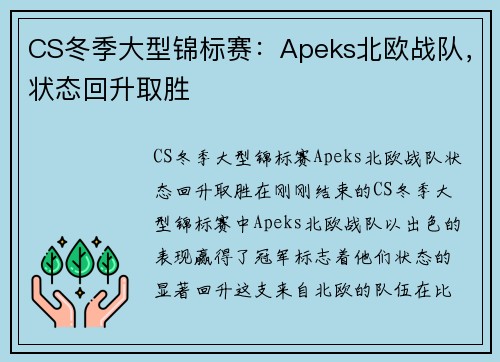 CS冬季大型锦标赛：Apeks北欧战队，状态回升取胜