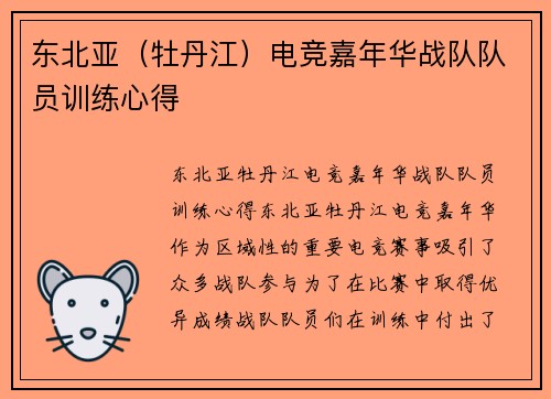 东北亚（牡丹江）电竞嘉年华战队队员训练心得